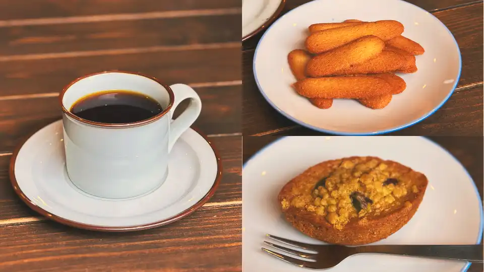 我們點了兩杯手沖咖啡，以及一個開心果費南雪和蘭朵夏